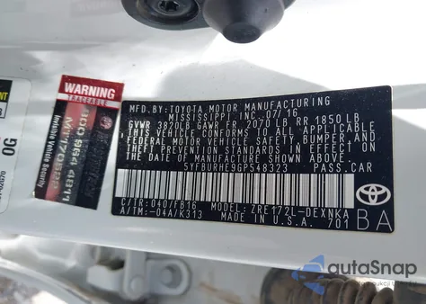 2016 Toyota Corolla L/Le/Le Pls/Prm/S/S Pls from USA, damaged, VIN 5YFBURHE9GP548323